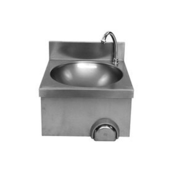 GGA Grande Distribuzione | attrezzature ristorazione-Lavamani d’appoggio in acciaio INOX con miscelatore temporizzato con comando a ginocchio e bocca erogazione girevole.Cm. 40x40x33